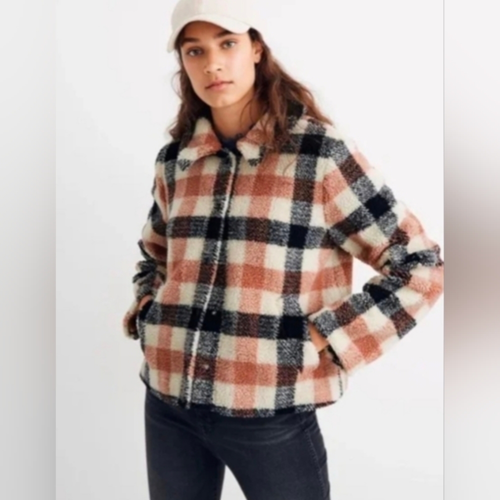 Madewell Hazlewood Faux Fur Plaid Sherpa Jacket In Black/Coral/Ivory - M - Picture 2 of 13